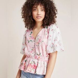 HEMANT & NANDITA Pink Puff Sleeve Peplum Blouse